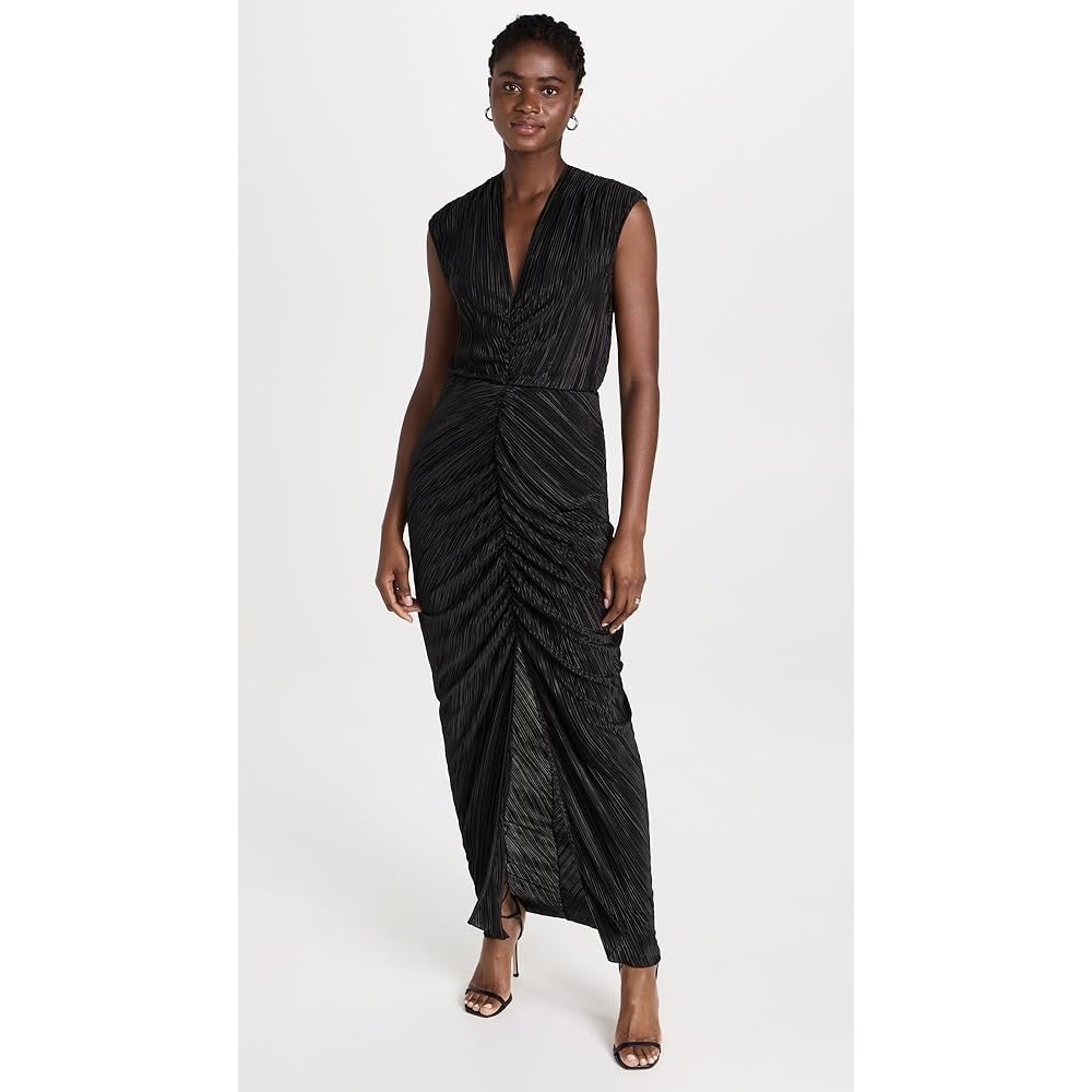 GOOD AMERICAN Black Always Fits Plisse Maxi Dress Pleated Ruched Size 3/4 L/XL